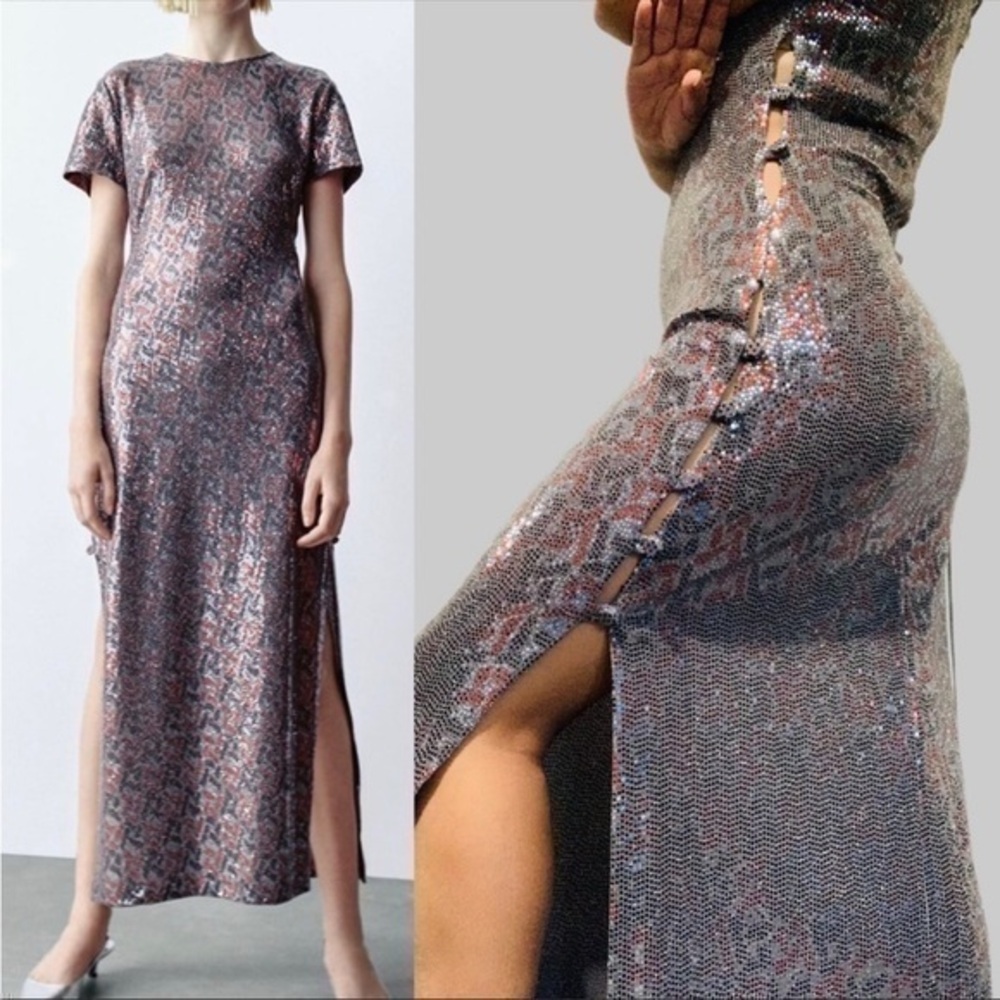 Zara NWT Sequin Cutout Maxi Dress Silver Gray Small S